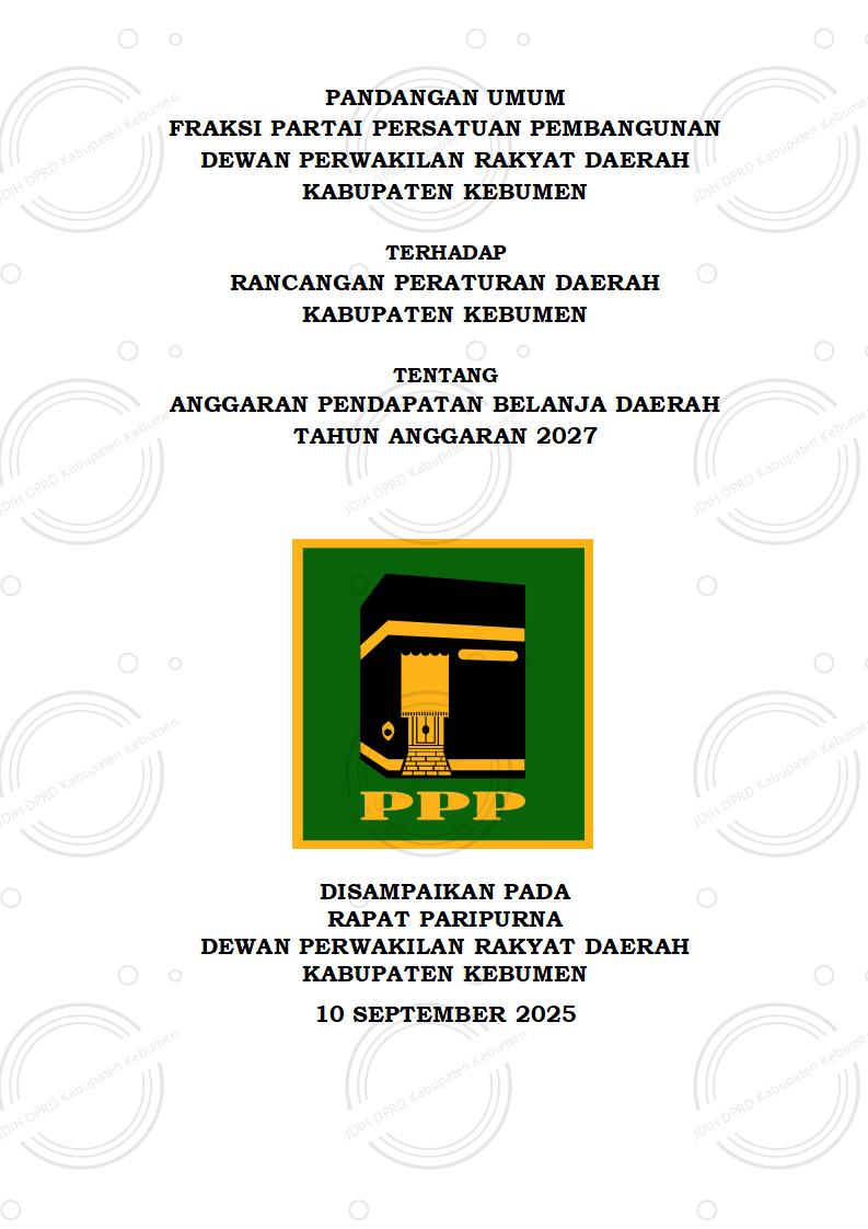 Pandangan Umum Fraksi Partai Persatuan Pembangunan terhadap Raperda APBD Kabupaten Kebumen Tahun Anggaran 2027